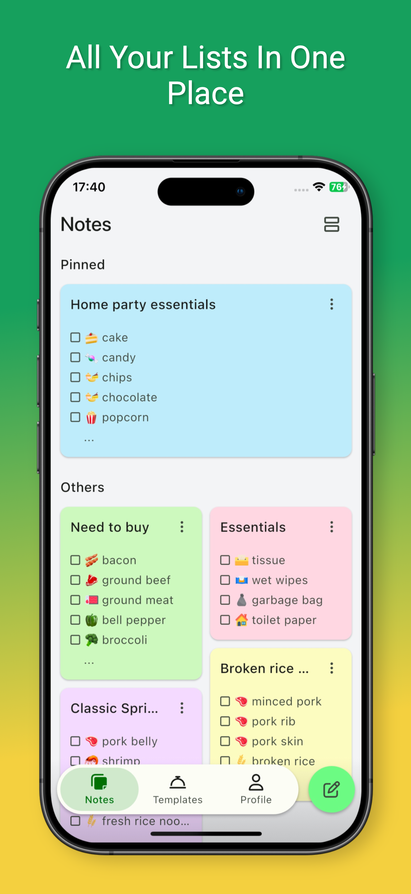 Shopping list note app screenshot
